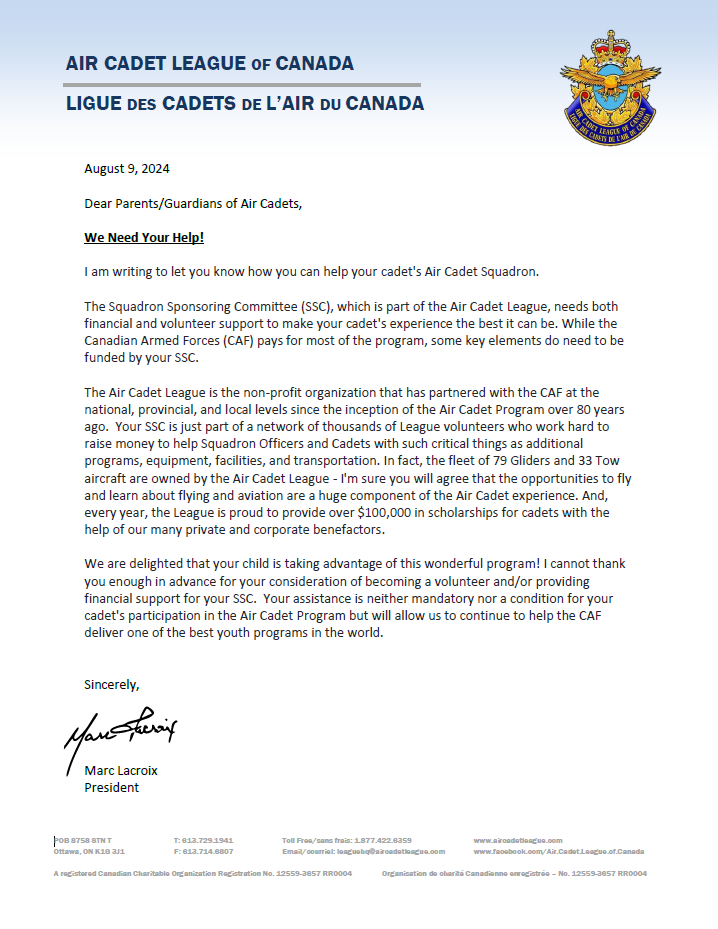 Letter from the President of Air Cadet League of Canada